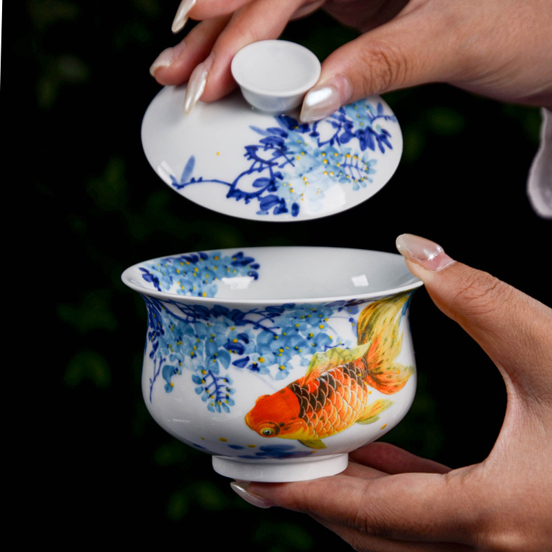 Ceramicpavilion|Serenade of Fish and Lotus Gaiwan|Hand-Painted