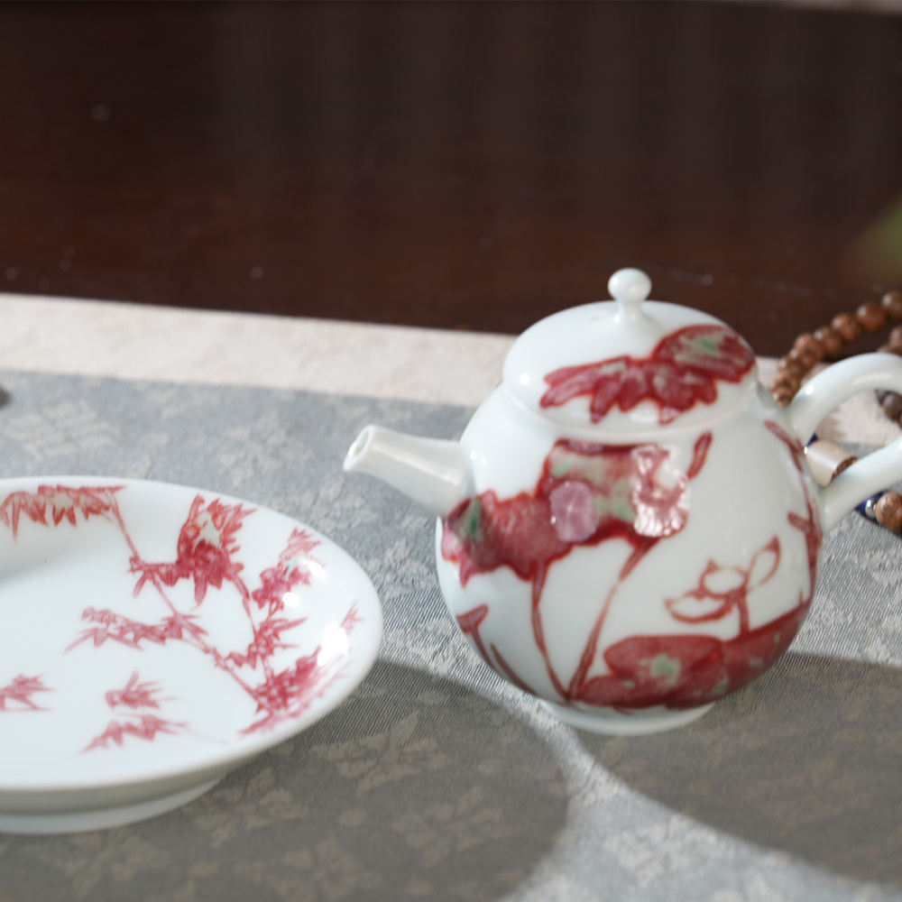 Ceramicpavilion|Red Lotus Teapot|Hand-painted|Porcelain