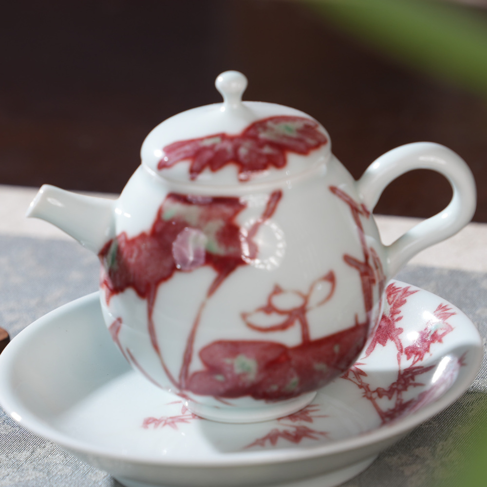 Ceramicpavilion|Red Lotus Teapot|Hand-painted|Porcelain