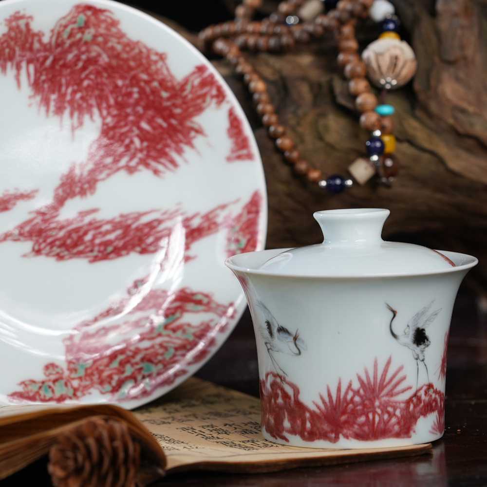 Ceramicpavilion|Celestial Crane Gaiwan|Handpainted|Porcelain