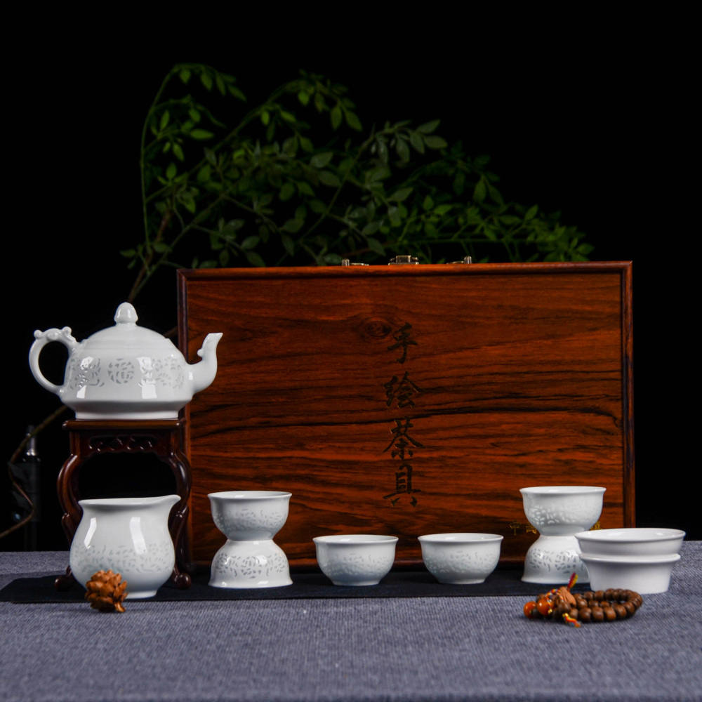 Ceramicpavilion|Celadon Glazed Tea Set with Phoenix Feather Pattern