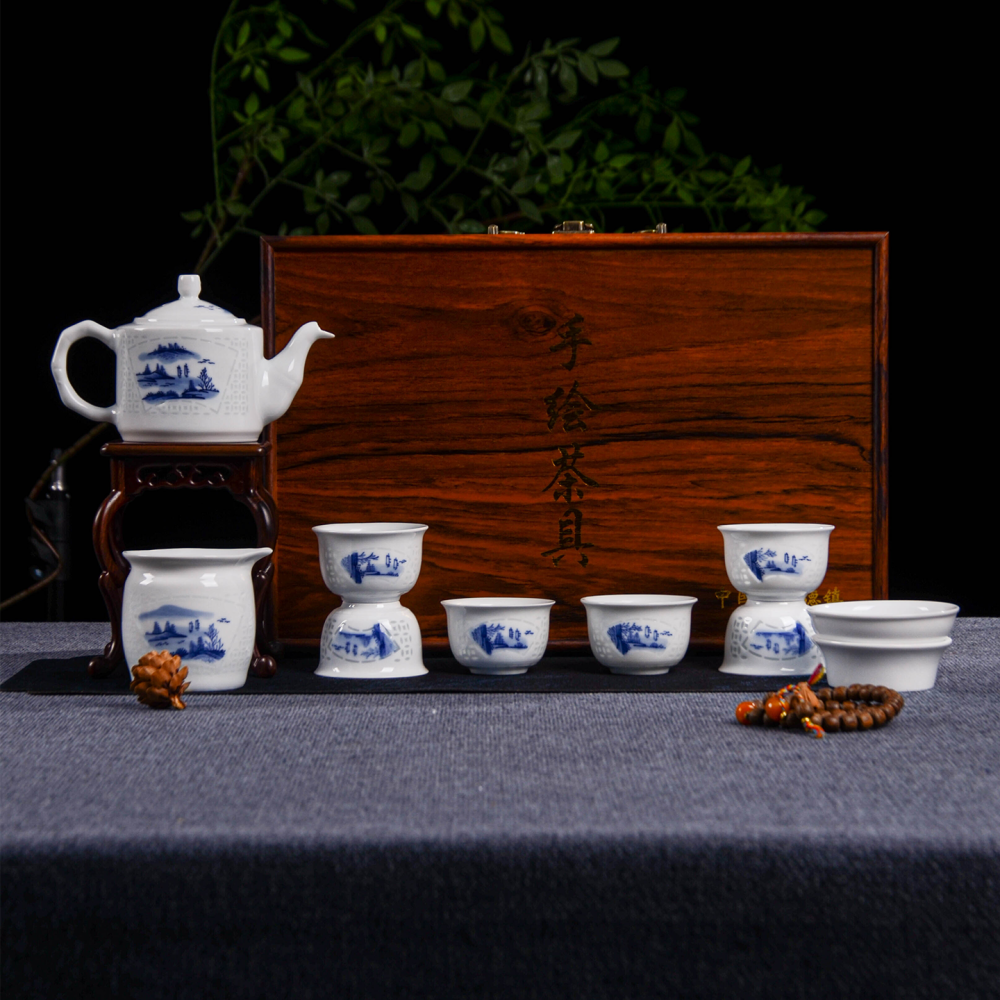 Ceramicpavilion|White Glazed Tea Set with Landscape Pattern
