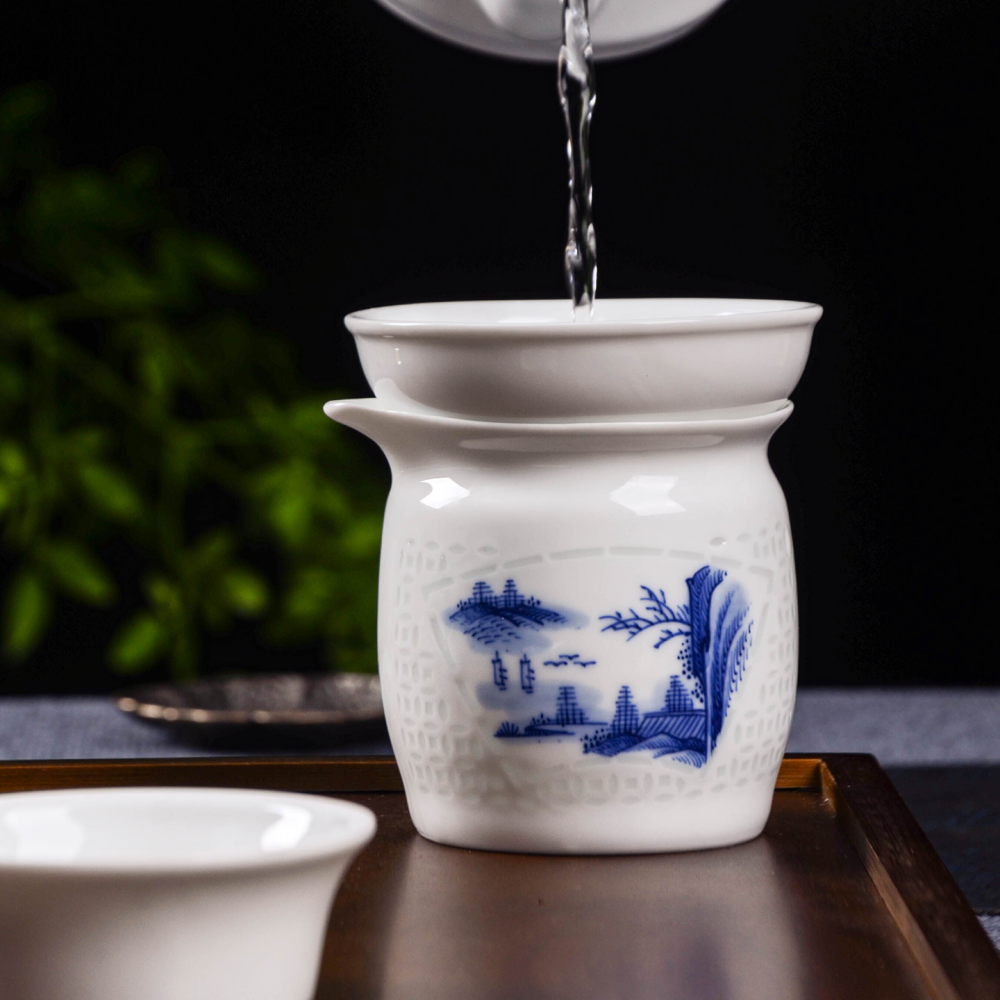 Ceramicpavilion|White Glazed Tea Set with Landscape Pattern