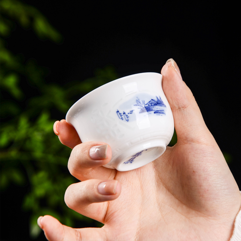 Ceramicpavilion|White Glazed Tea Set with Landscape Pattern