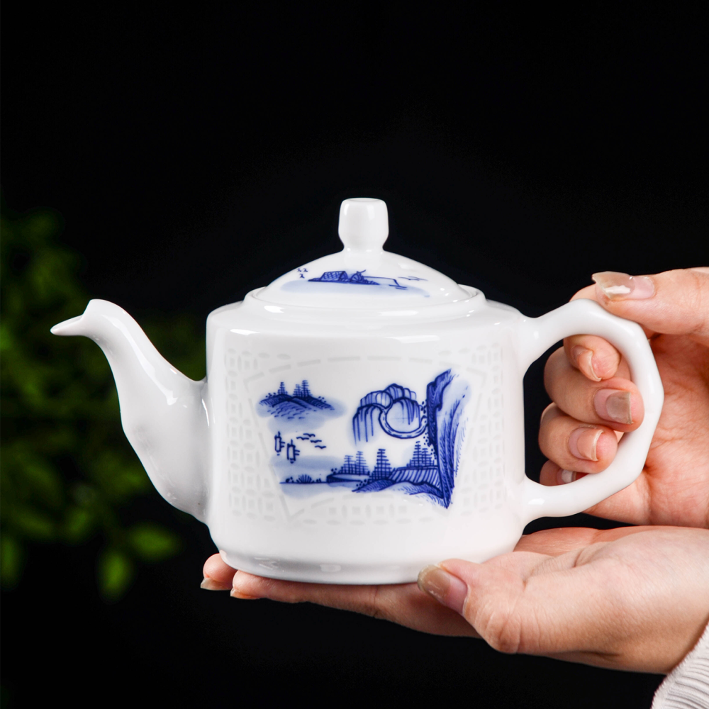 Ceramicpavilion|White Glazed Tea Set with Landscape Pattern