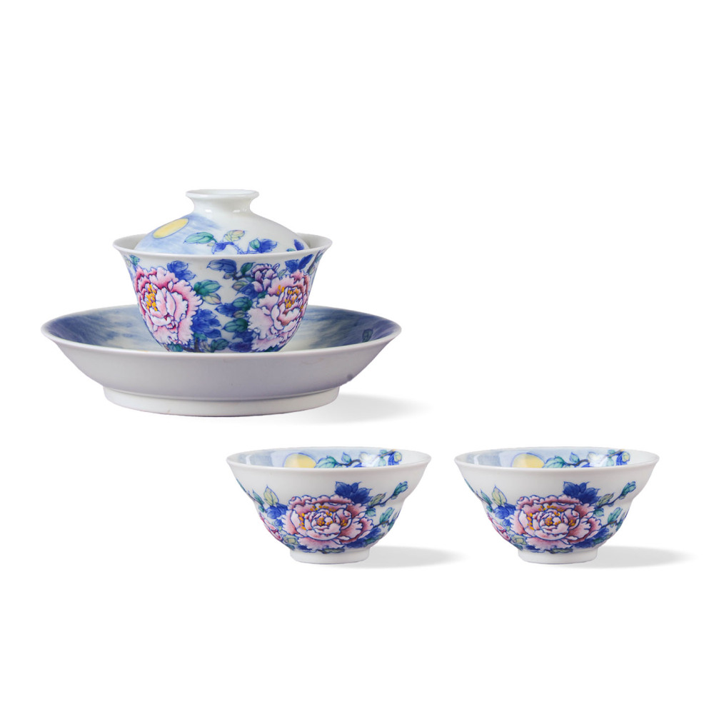 Ceramicpavilion|Celadon-patterned Night Scene Peony Gongfu Tea Set