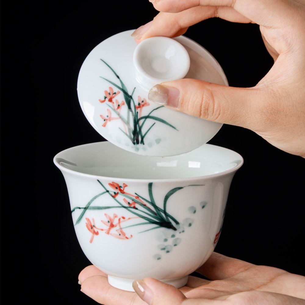 Ceramicpavilion|Orchid Serenity Gaiwan|Hand-painted|Ceramic