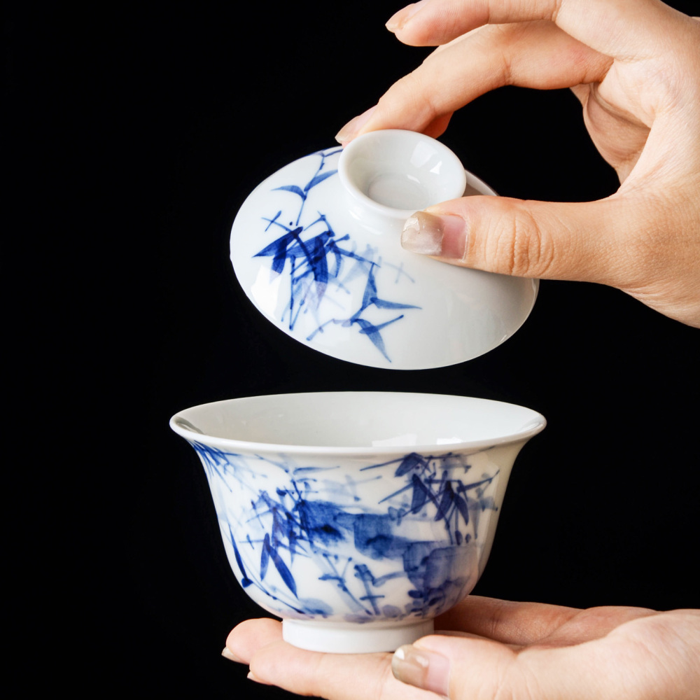 Ceramicpavilion|Blue and White Bamboo Pattern Gaiwan with Flared Rim