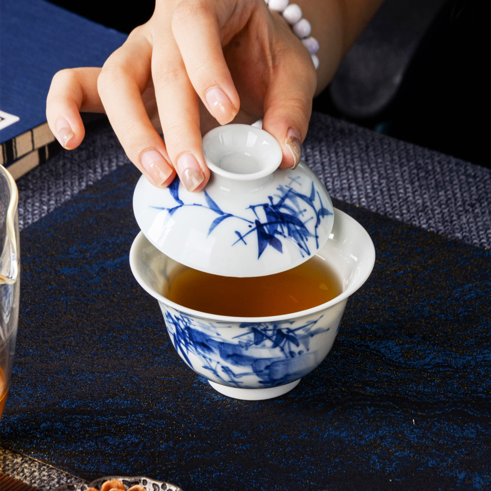 Ceramicpavilion|Blue and White Bamboo Pattern Gaiwan with Flared Rim