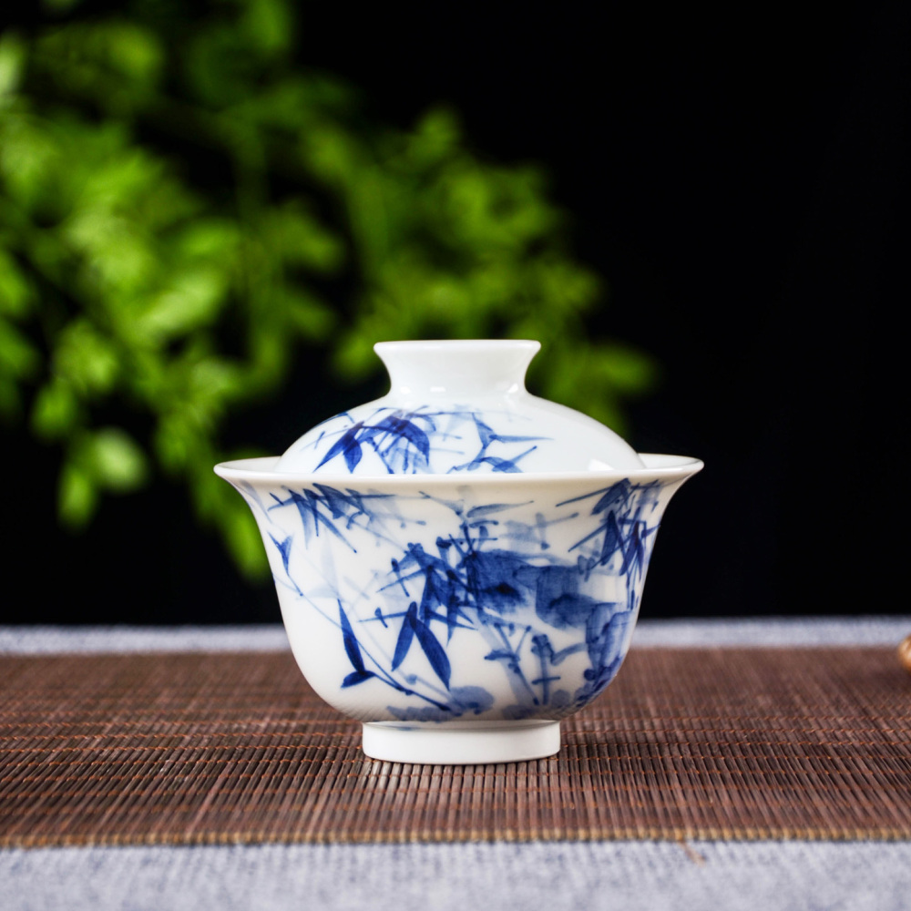 Ceramicpavilion|Blue and White Bamboo Pattern Gaiwan with Flared Rim