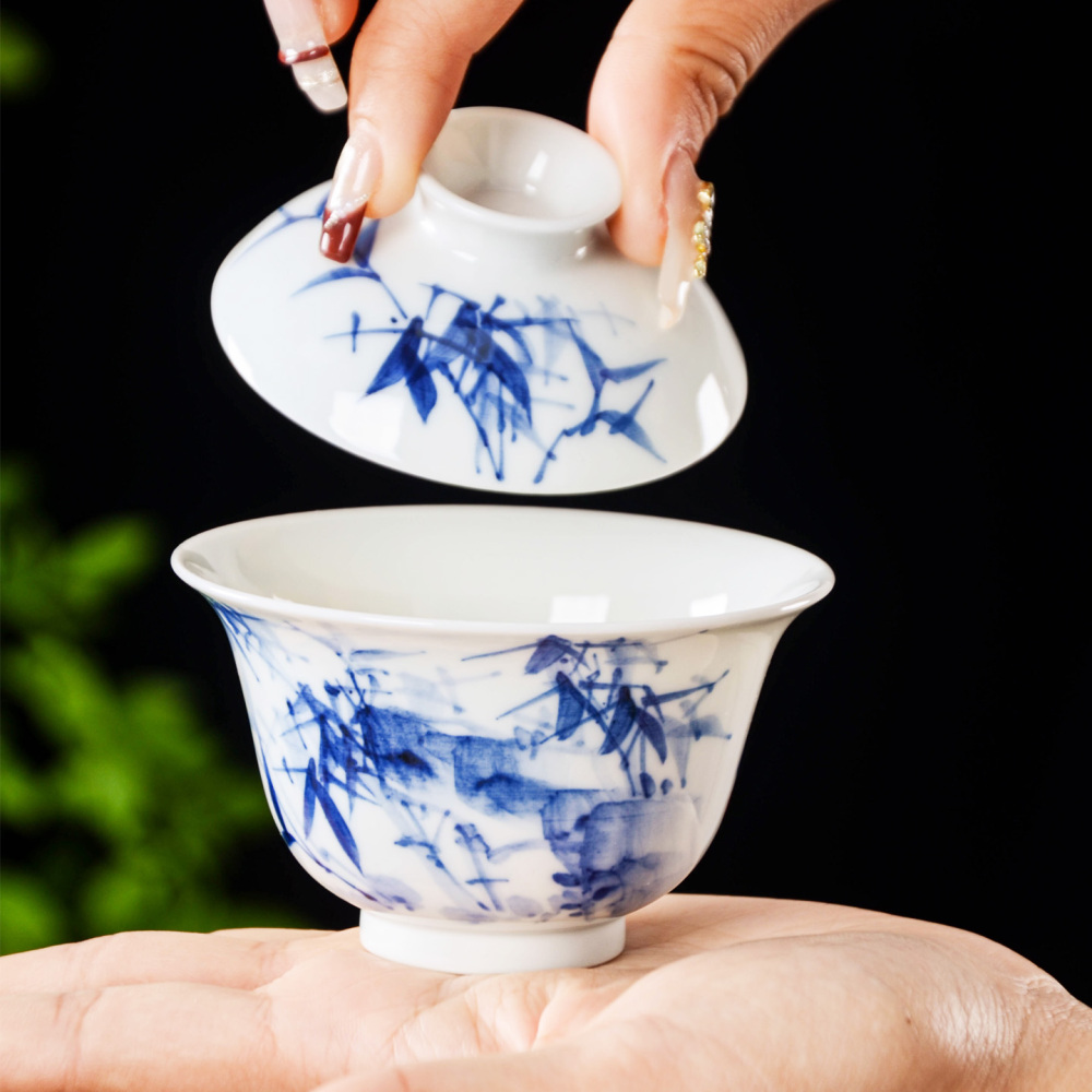 Ceramicpavilion|Blue and White Bamboo Pattern Gaiwan with Flared Rim