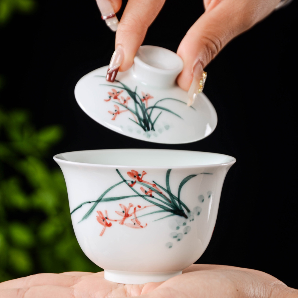Ceramicpavilion|Orchid Serenity Gaiwan|Hand-painted|Ceramic