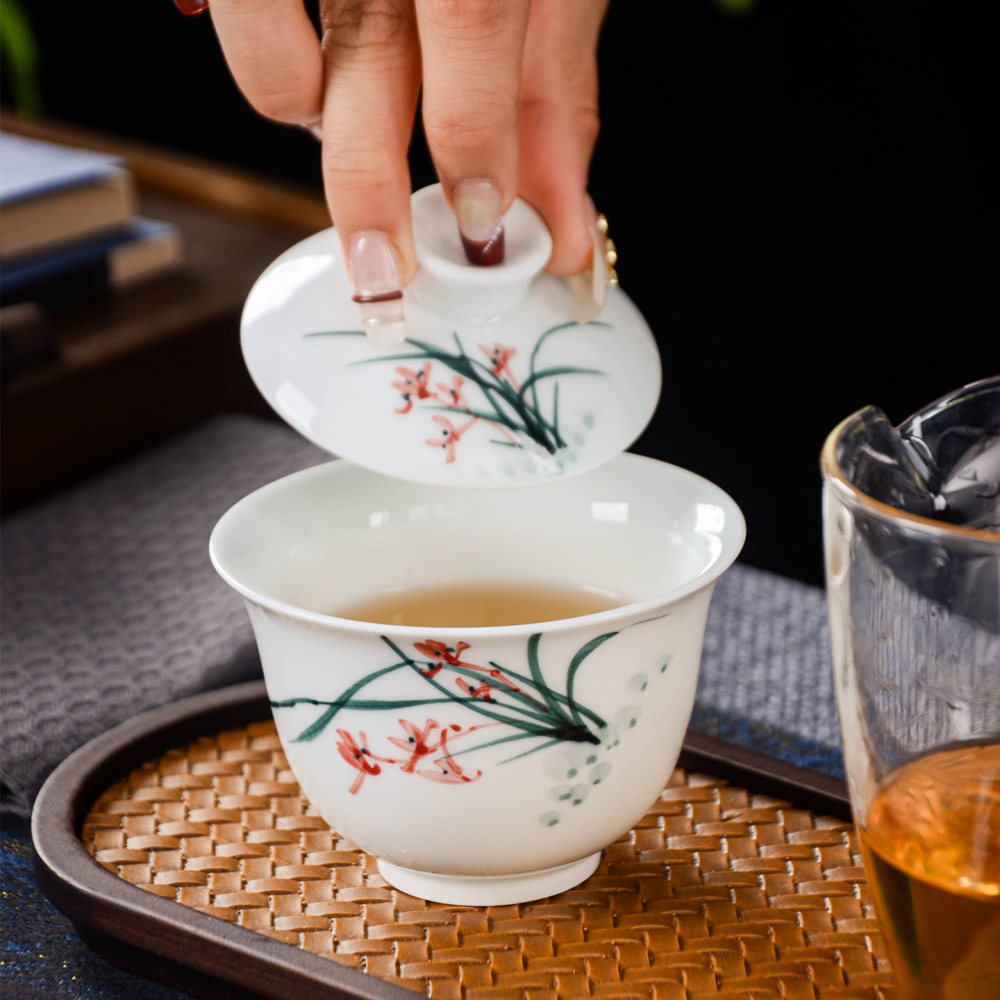 Ceramicpavilion|Orchid Serenity Gaiwan|Hand-painted|Ceramic