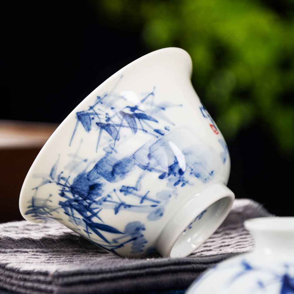 Ceramicpavilion|Blue and White Bamboo Pattern Gaiwan with Flared Rim