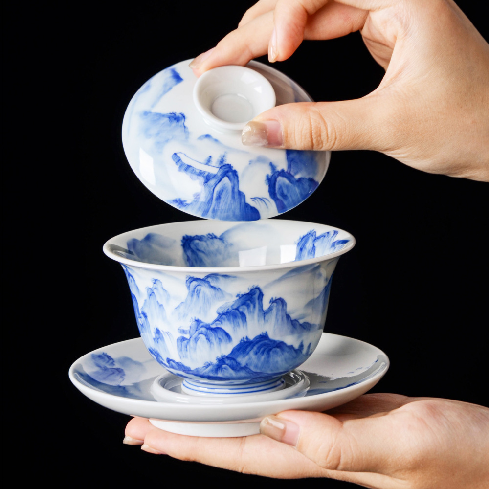 Hand-painted blue-and-white landscape tea sets