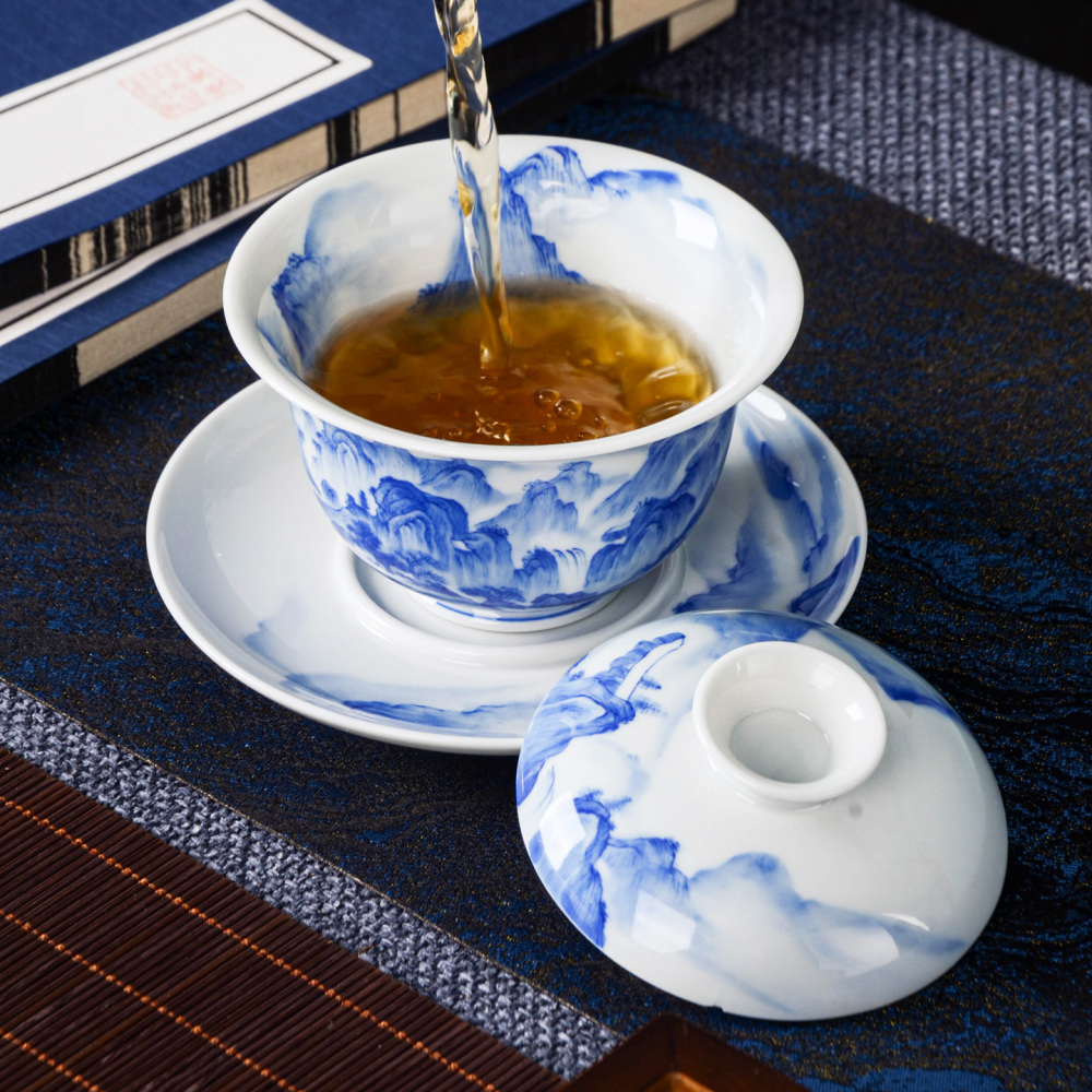 Hand-painted blue-and-white landscape tea sets