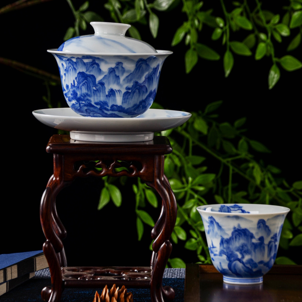 Hand-painted blue-and-white landscape tea sets