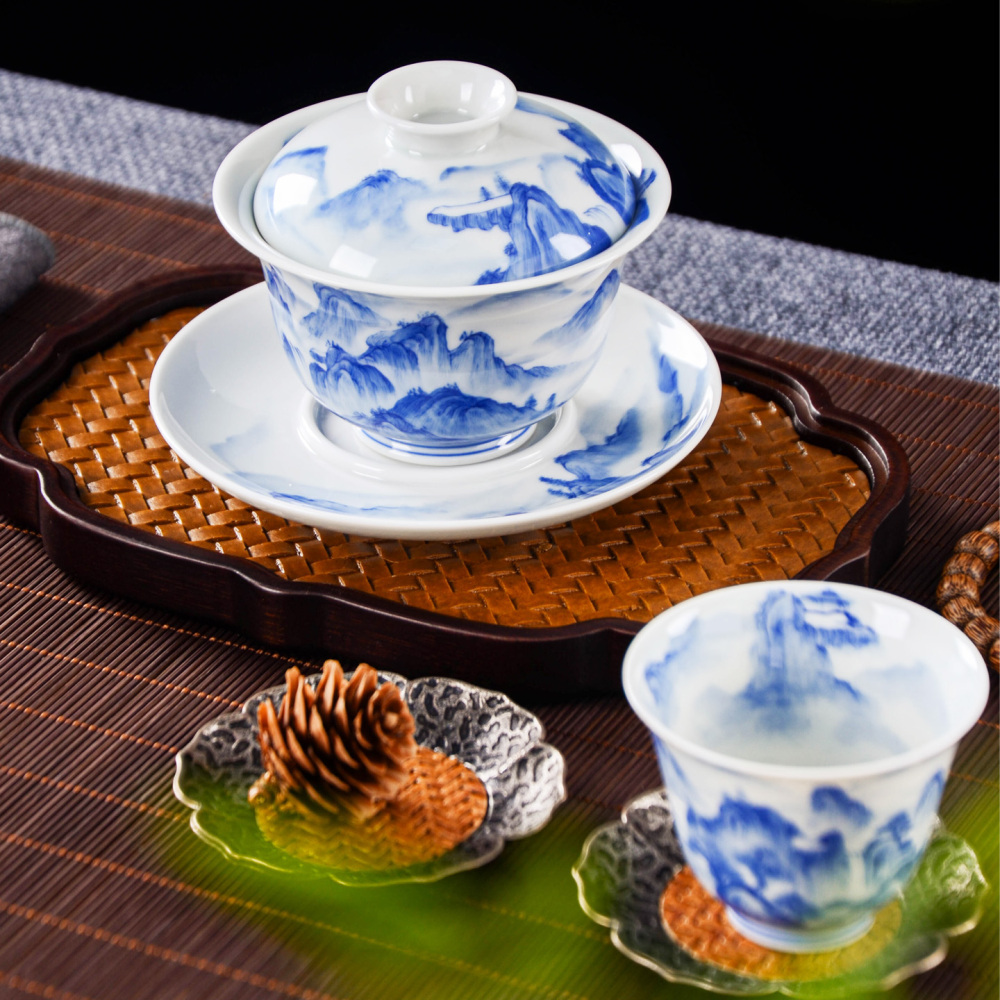 Hand-painted blue-and-white landscape tea sets