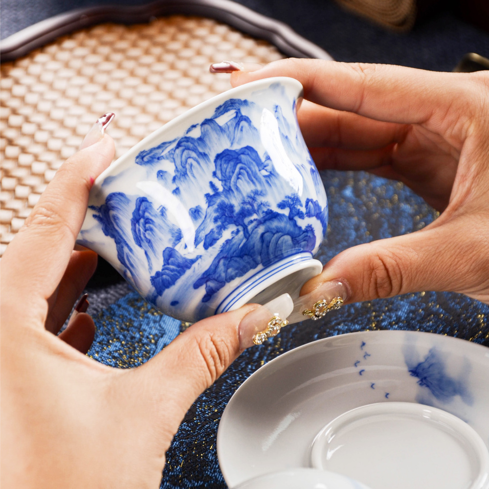 Hand-painted blue-and-white landscape tea sets