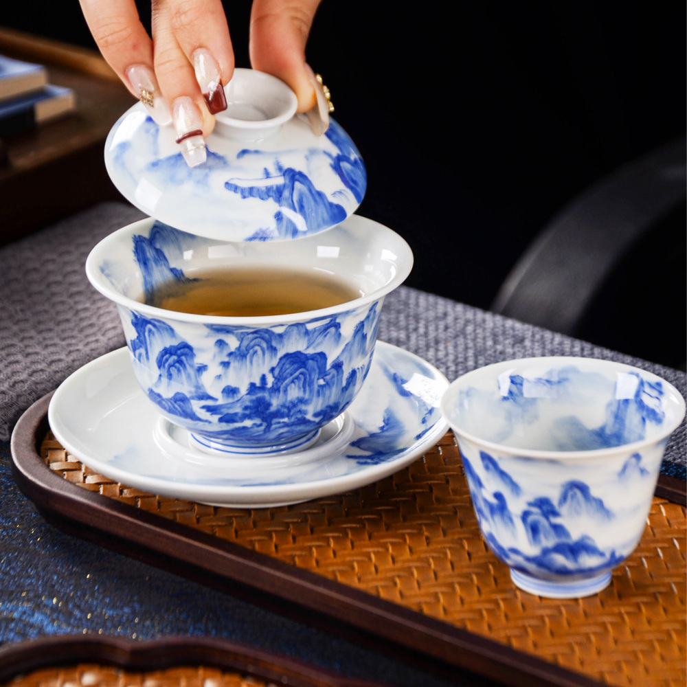 Hand-painted blue-and-white landscape tea sets