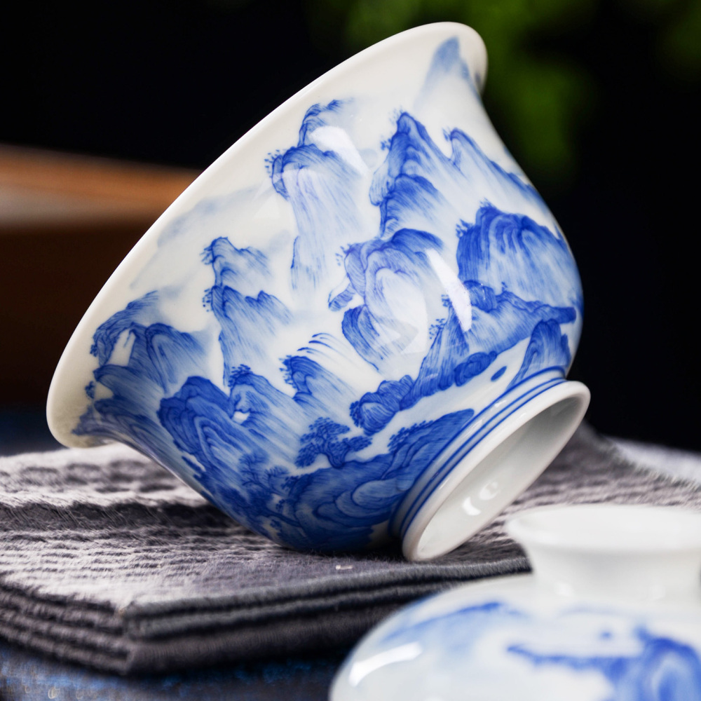 Hand-painted blue-and-white landscape tea sets