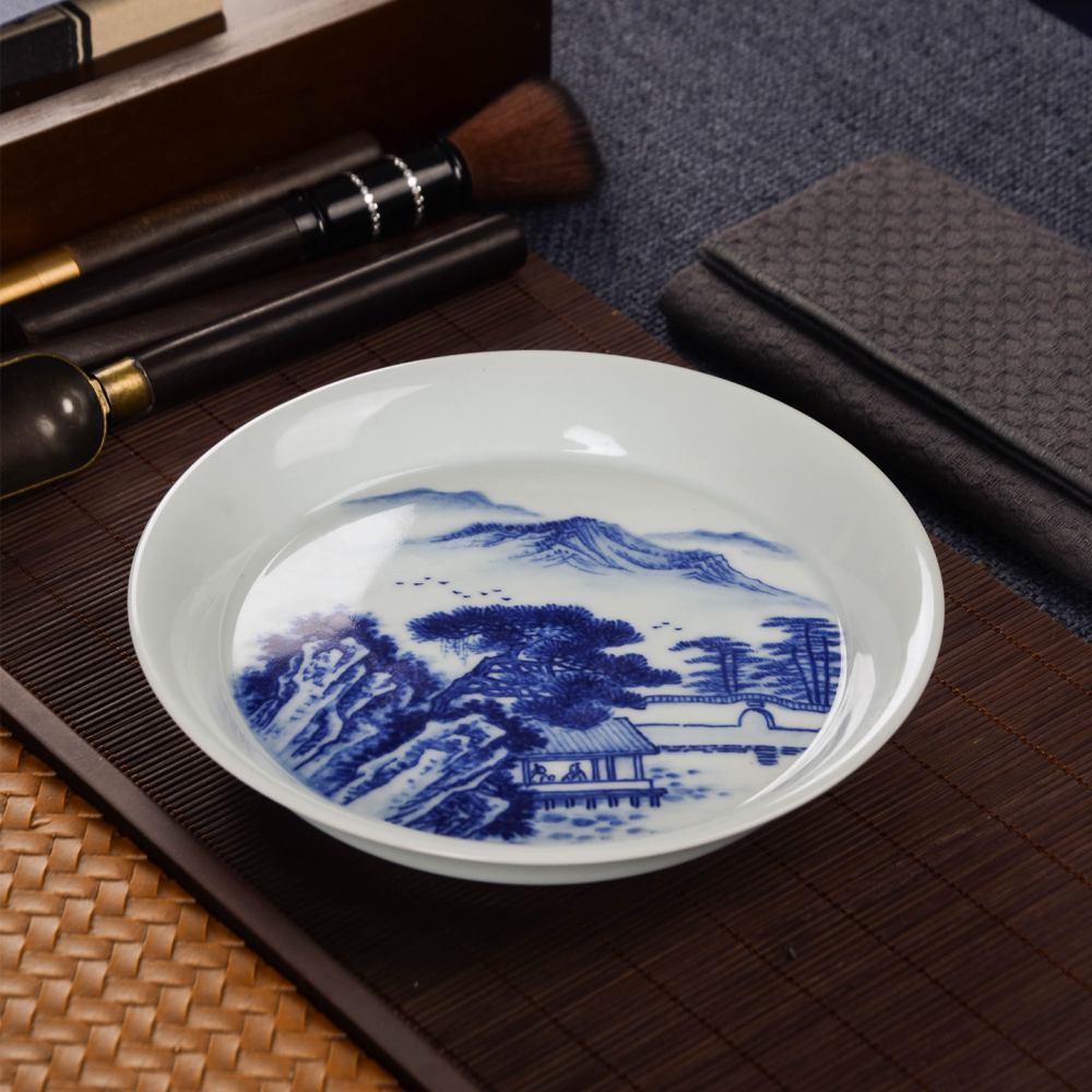 Master Hand-Painted Blue-and-White Landscape Plate