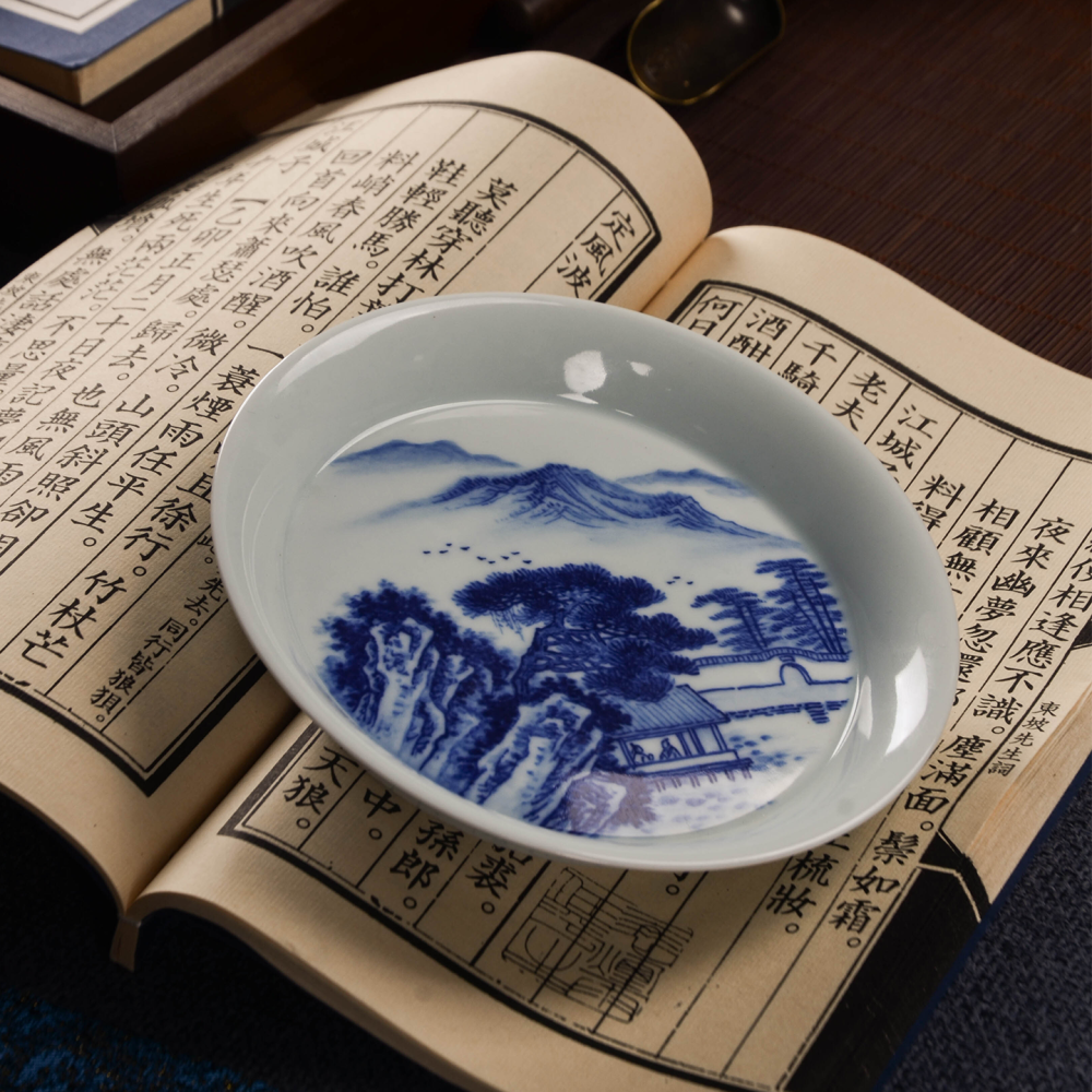 Master Hand-Painted Blue-and-White Landscape Plate