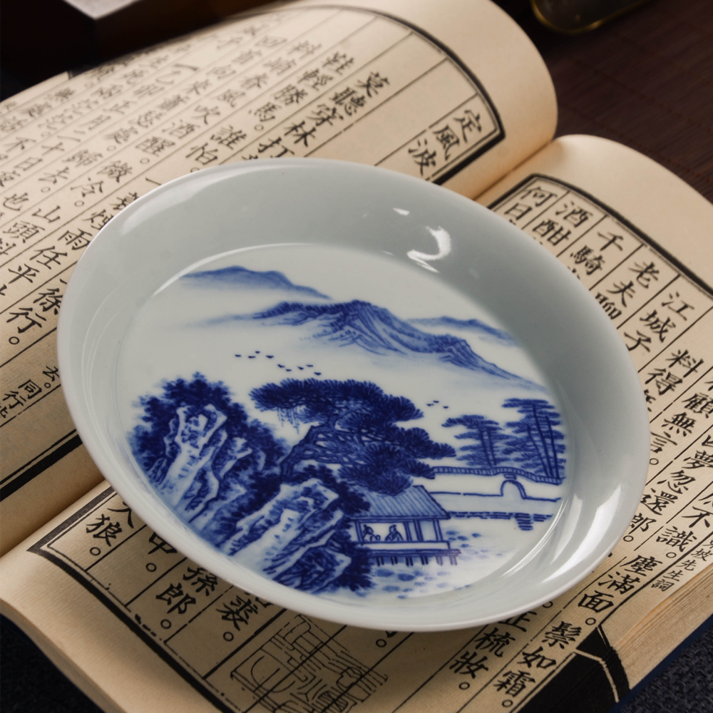 Master Hand-Painted Blue-and-White Landscape Plate