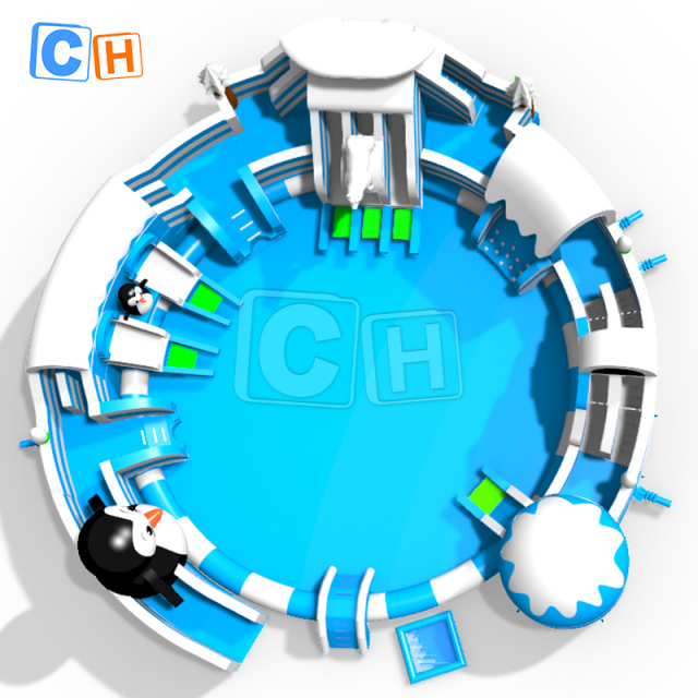 Giant penguin-themed water park with pool