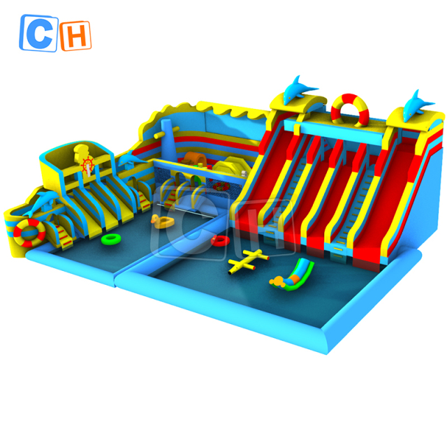 Dolphin-themed inflatable water park with two pools