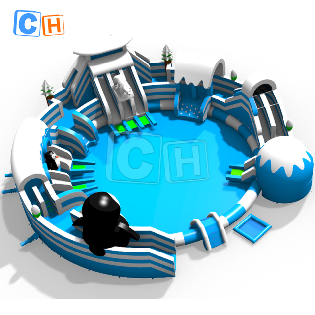 Giant penguin-themed water park with pool