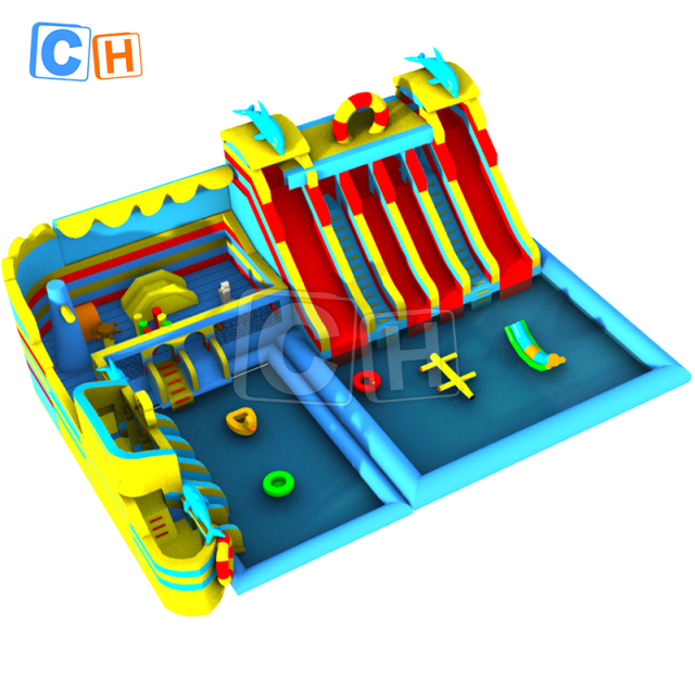 Dolphin-themed inflatable water park with two pools