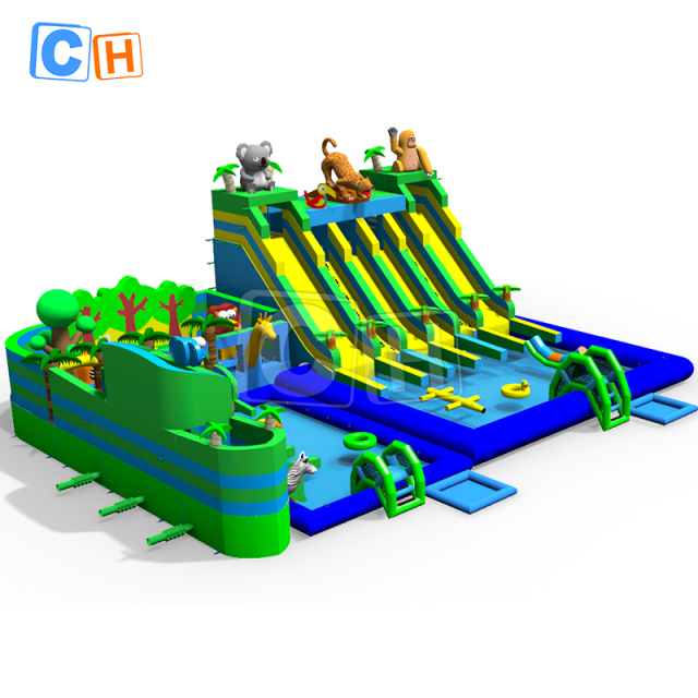 Jungle inflatable water park with animal slide