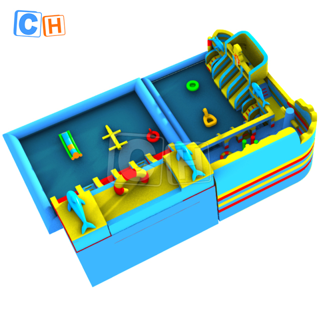 Dolphin-themed inflatable water park with two pools