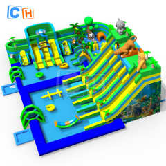 Jungle inflatable water park with animal slide