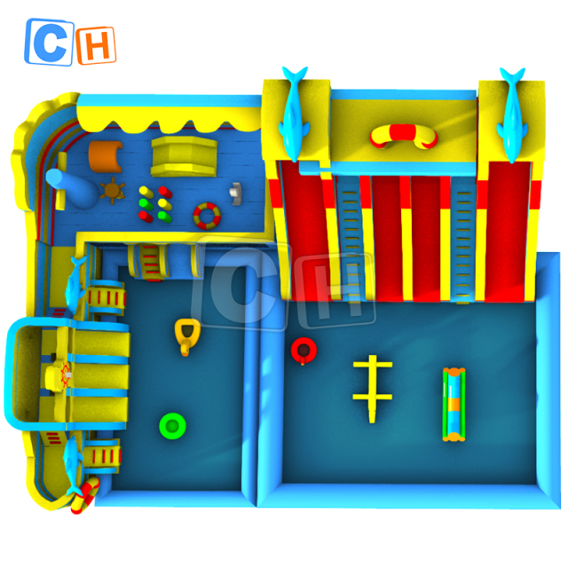 Dolphin-themed inflatable water park with two pools