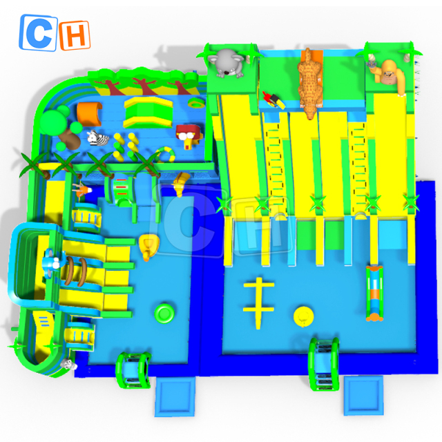 Jungle inflatable water park with animal slide