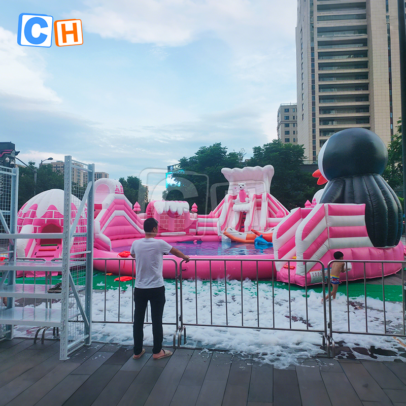 Giant penguin-themed water park with pool