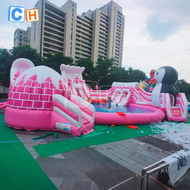 Giant penguin-themed water park with pool