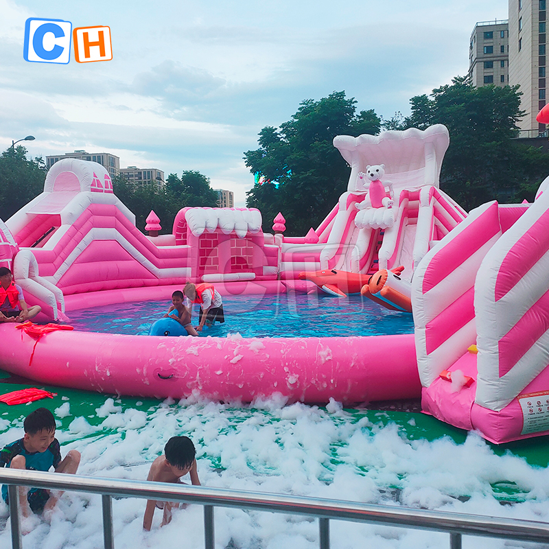 Giant penguin-themed water park with pool