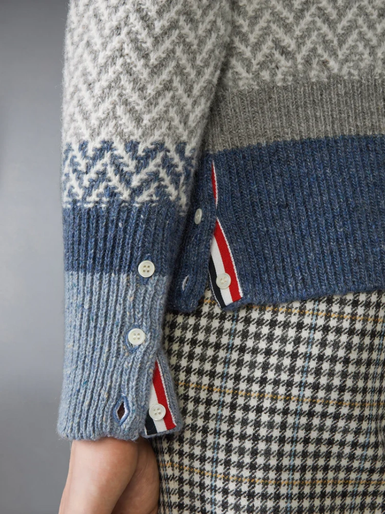 DONEGAL AND CUSHENDALE HERRINGBONE JACQUARD V NECK CARDIGAN