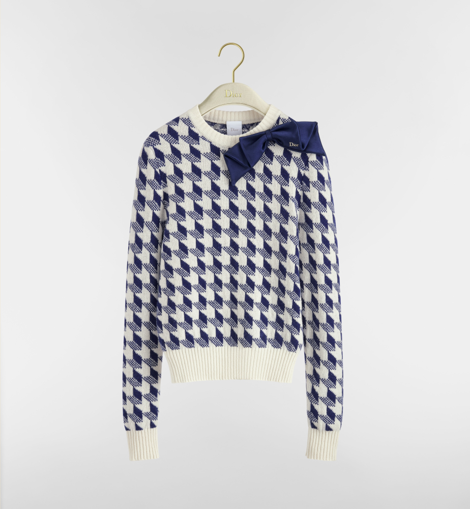 Navy Blue and White Houndstooth Wool Knit