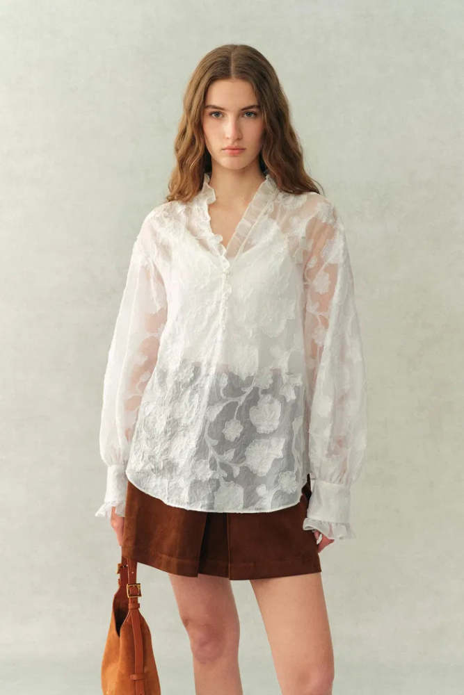Cecilia Ruffle V Neck Blouse in Burnout chiffon