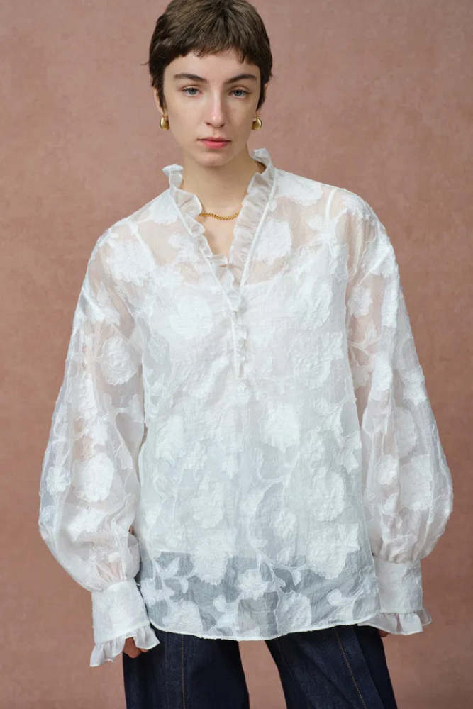 Cecilia Ruffle V Neck Blouse in Burnout chiffon