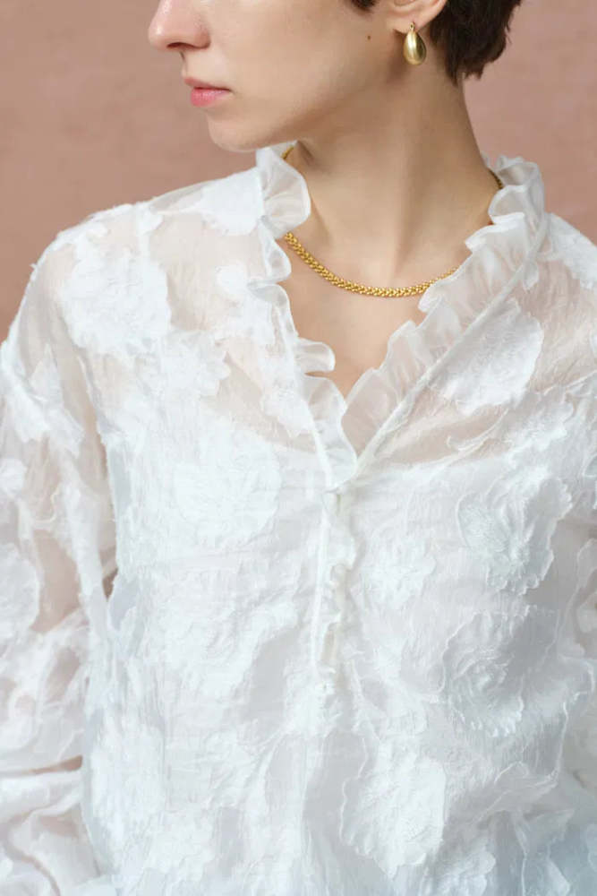 Cecilia Ruffle V Neck Blouse in Burnout chiffon