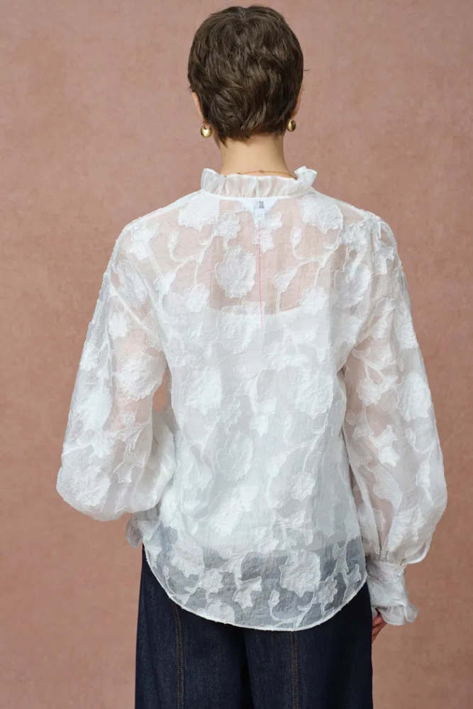 Cecilia Ruffle V Neck Blouse in Burnout chiffon