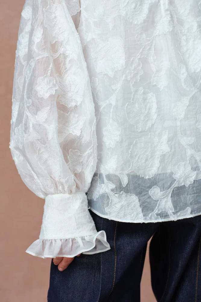 Cecilia Ruffle V Neck Blouse in Burnout chiffon