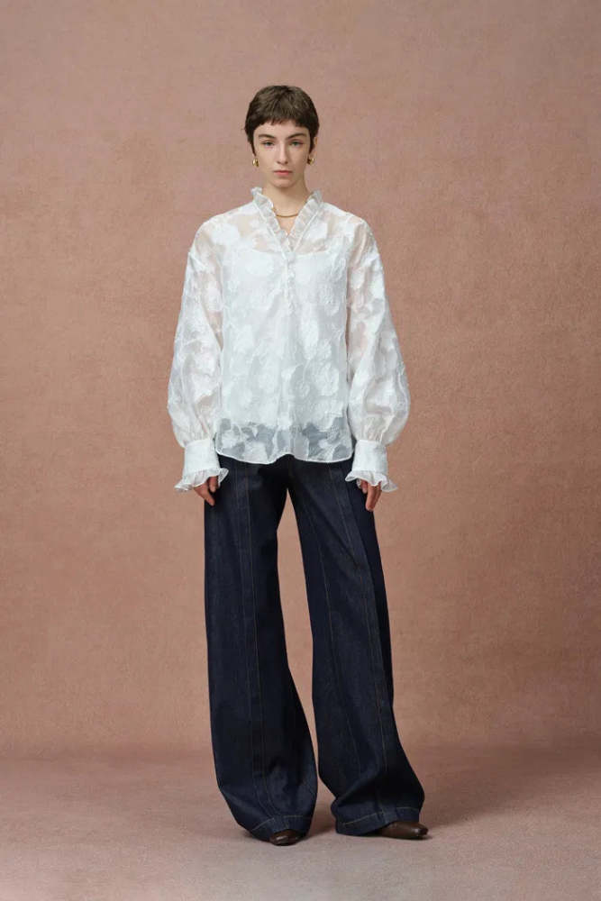 Cecilia Ruffle V Neck Blouse in Burnout chiffon