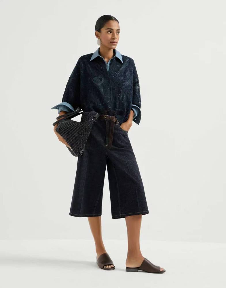 No-fade denim long Bermuda shorts