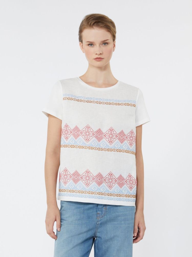 Embroidered linen and stretch cotton jersey T-shirt